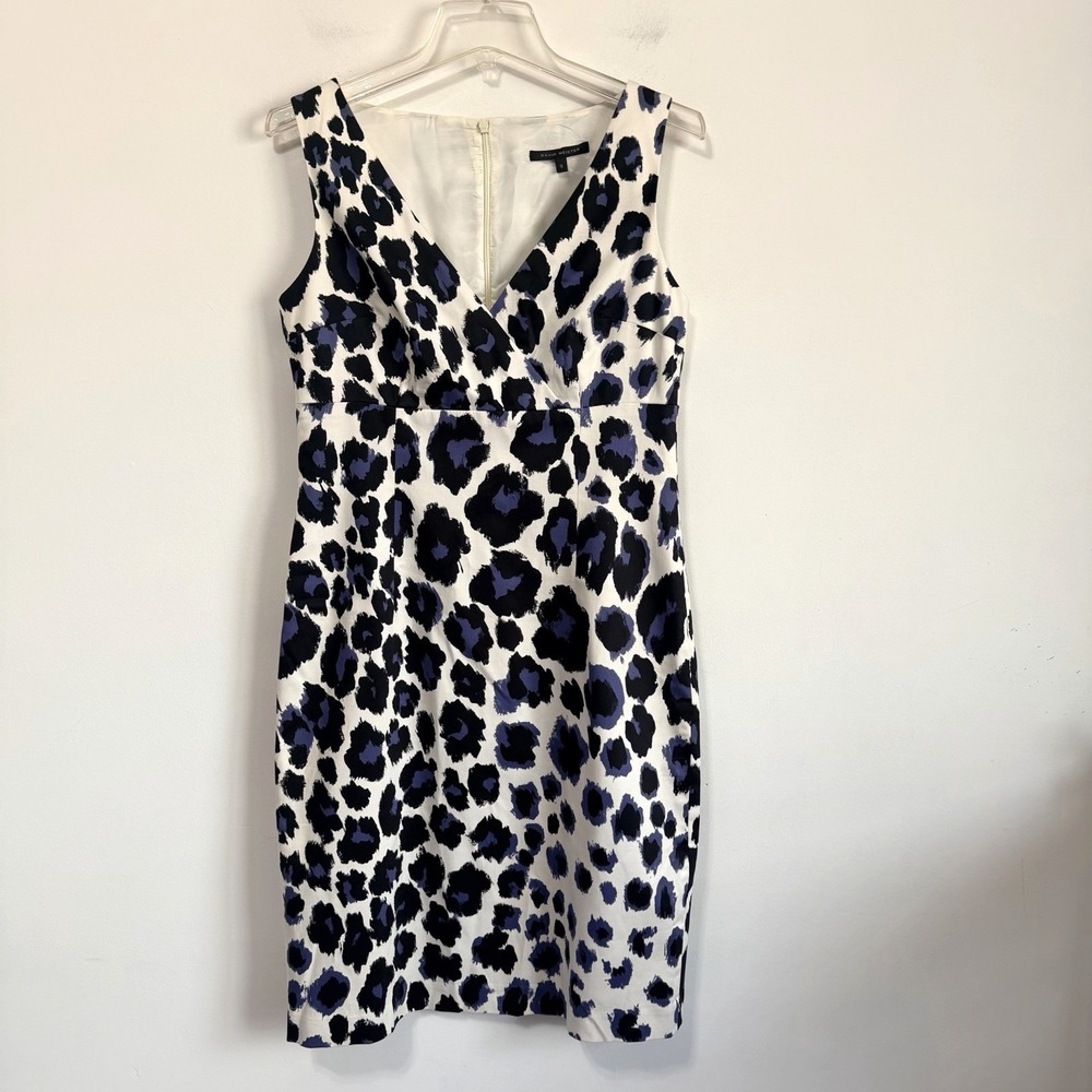 David Meister Sheath Dress 8 Sleeveless Blue Leopard Print Cocktail Party Lined